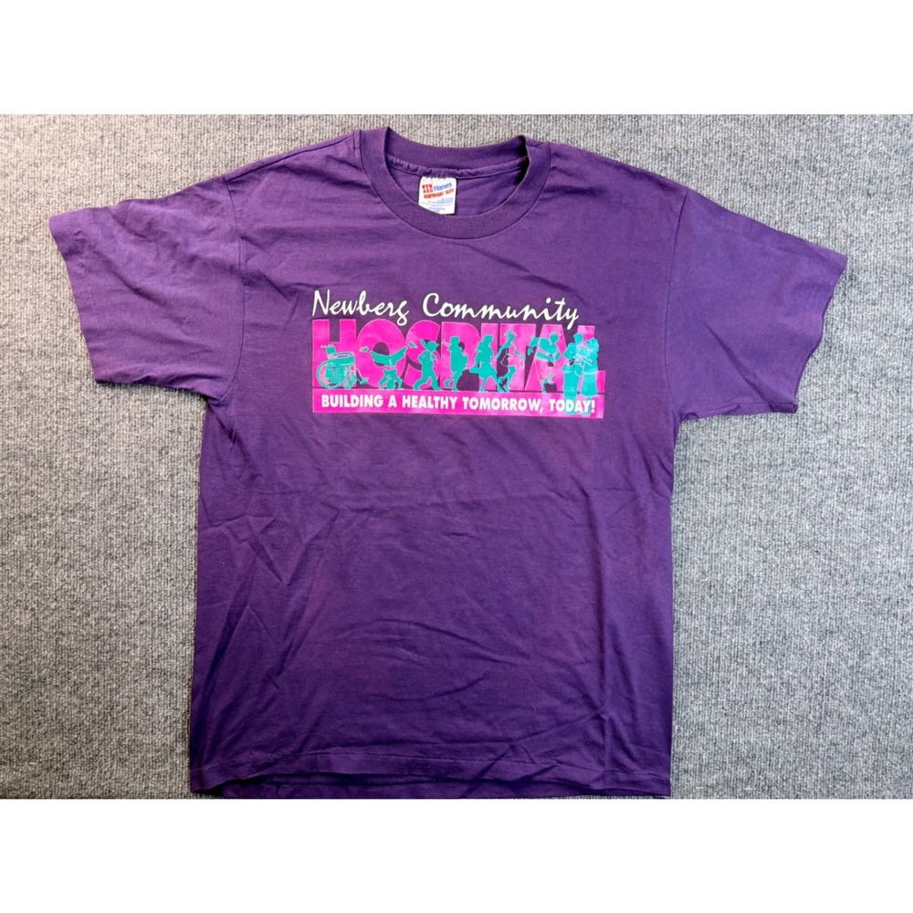 Vintage Hanes T Shirt Mens Large Purple Hospital Graphic Tee 90s USA Made Stains